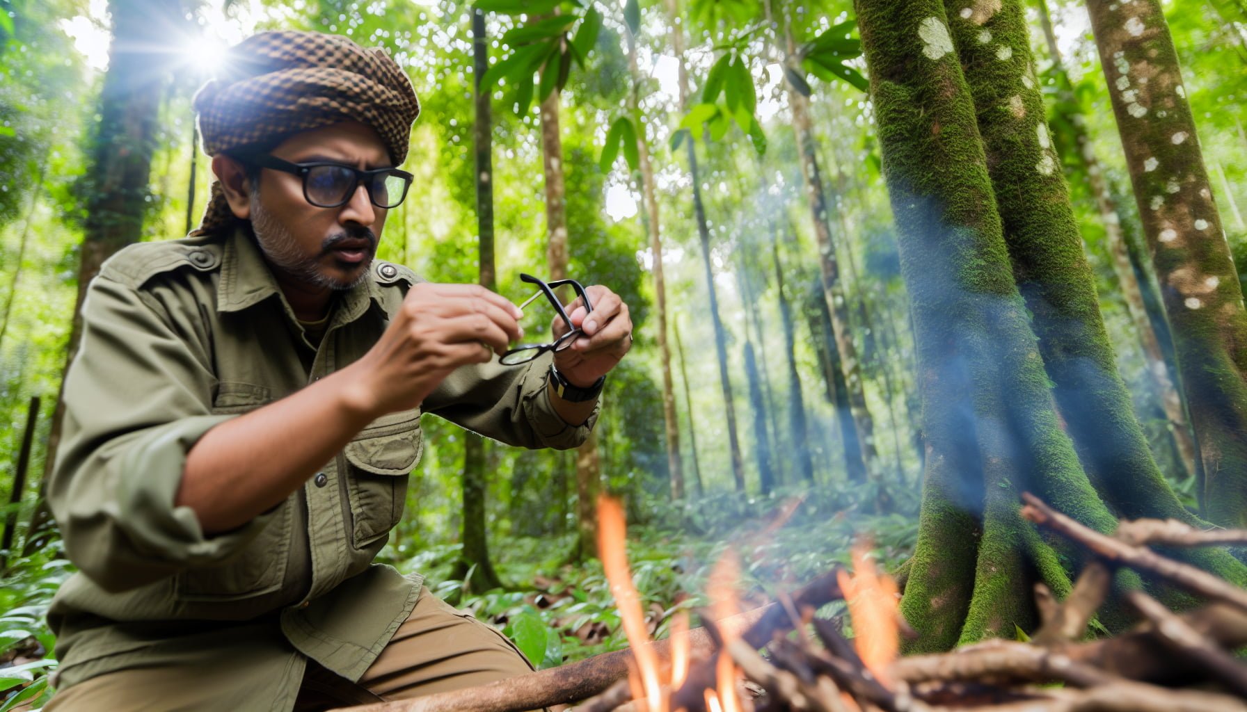 Techniques pour allumer un feu avec des lunettes.