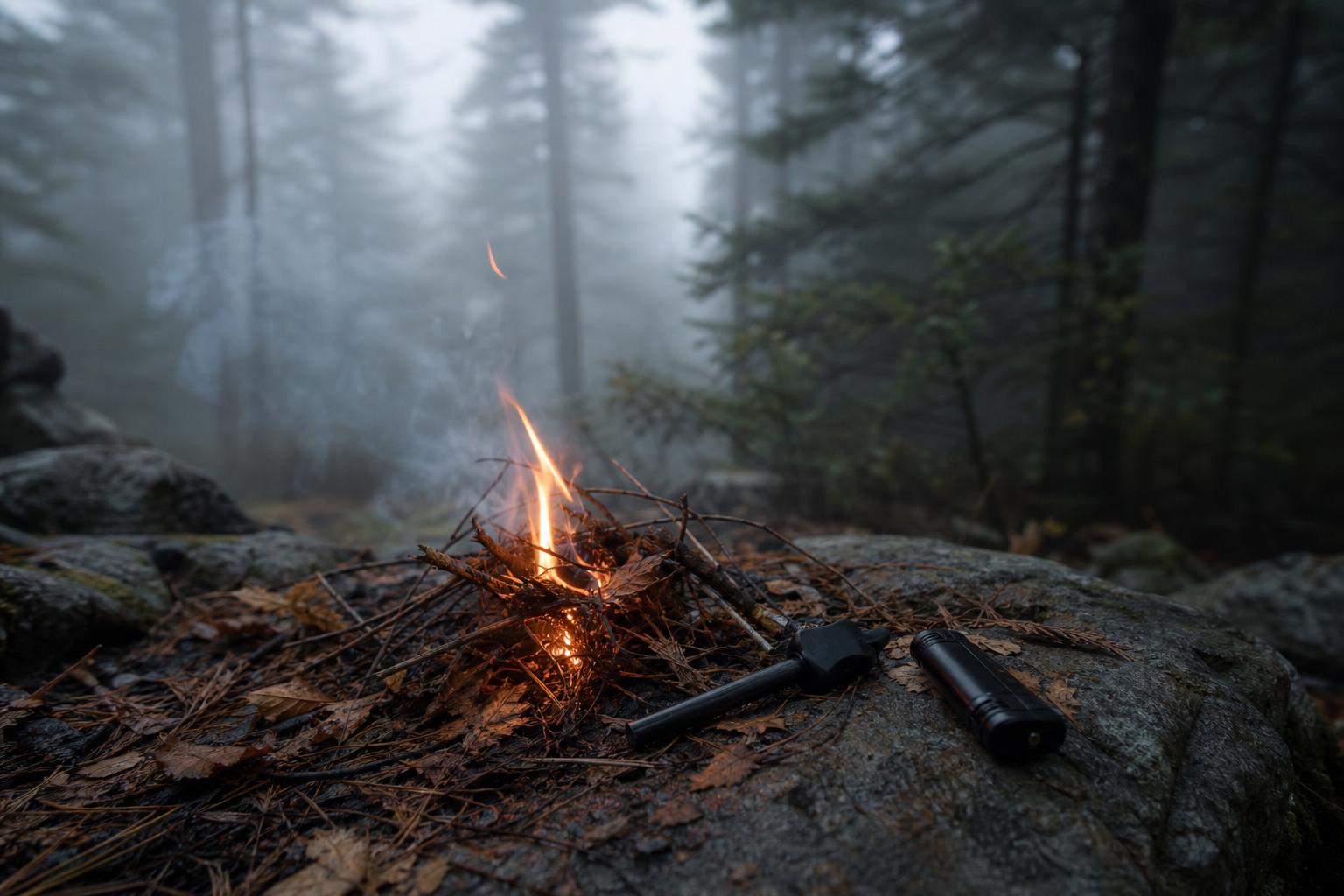 Pierre à feu et briquet tempête posés près d'un feu de survie en forêt brumeuse