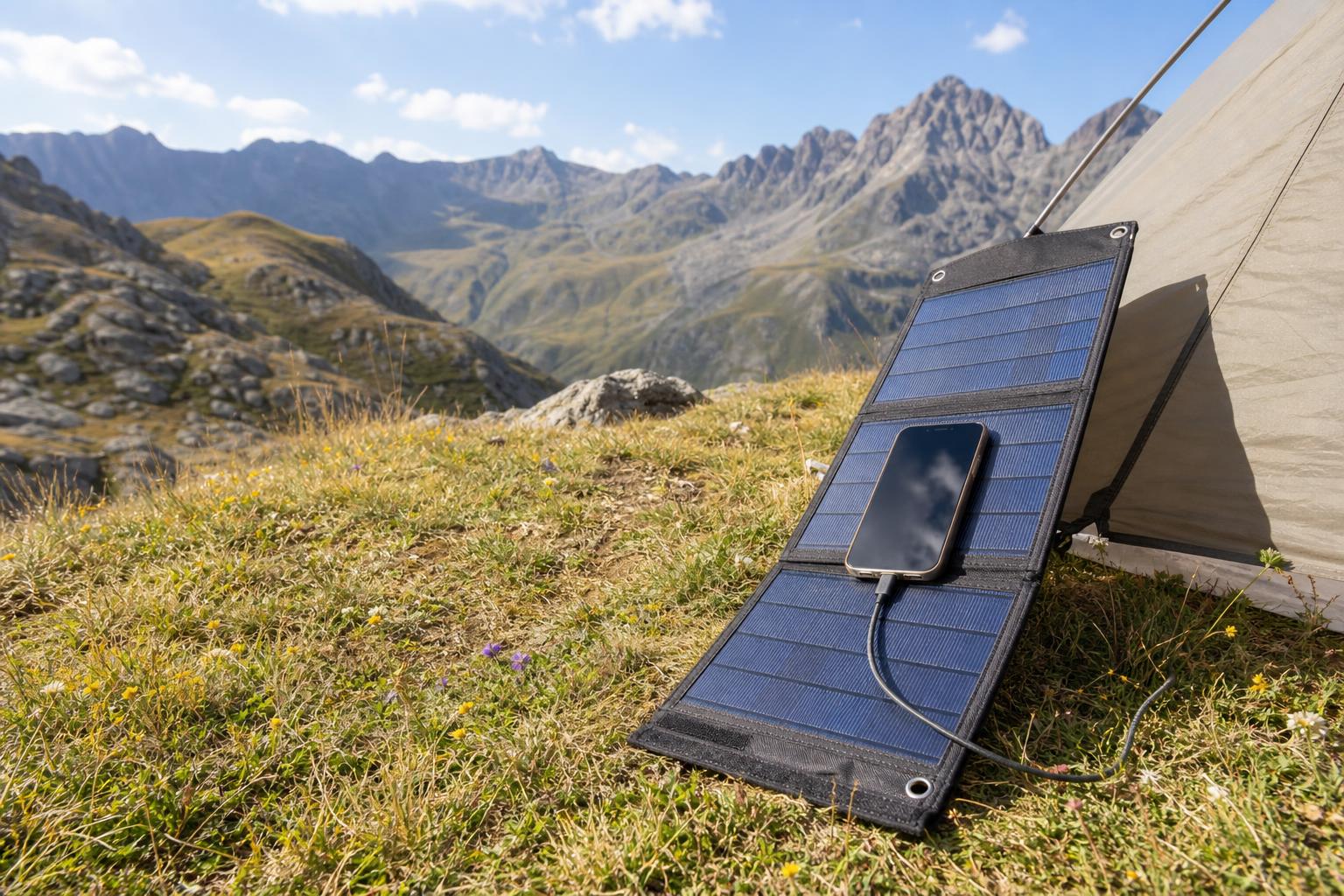 Panneau solaire portable déployé tente camping montagne recharge telephone