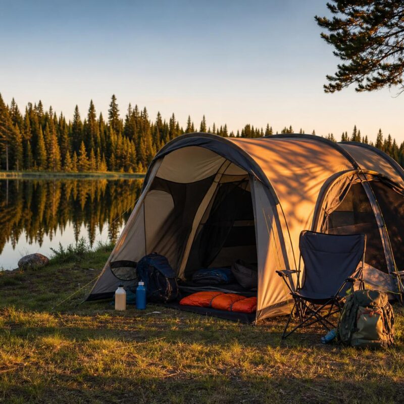 Grande tente familiale installée au bord d'un lac en forêt lumière dorée