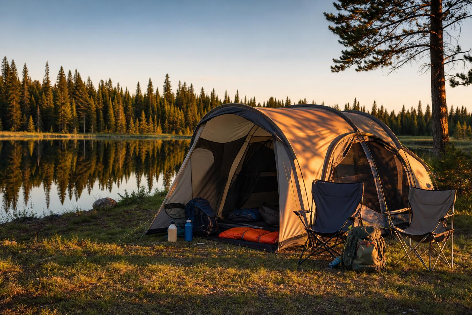 Grande tente familiale installée au bord d'un lac en forêt lumière dorée