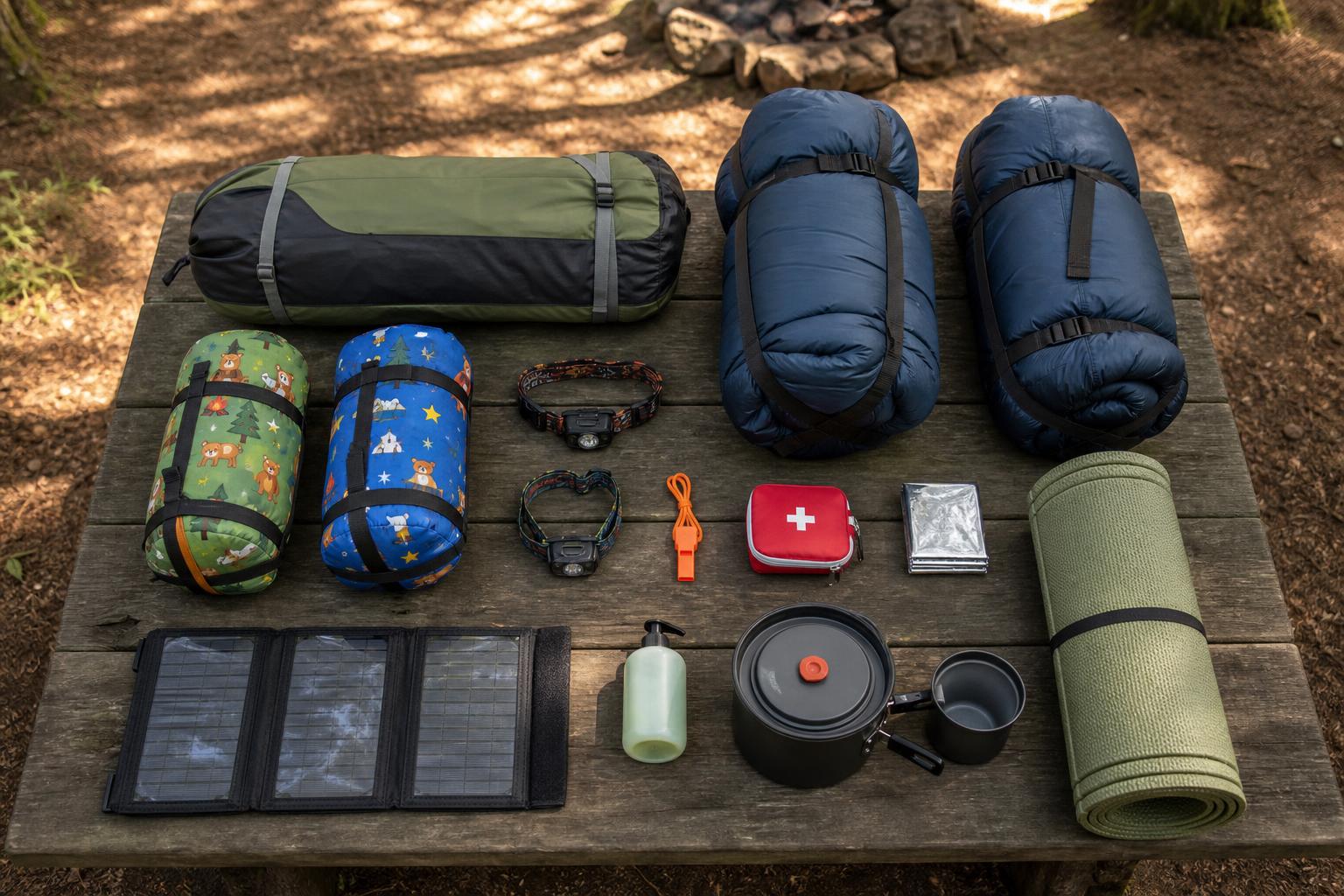Flatlay matériel camping famille complet organisé table forêt avant depart