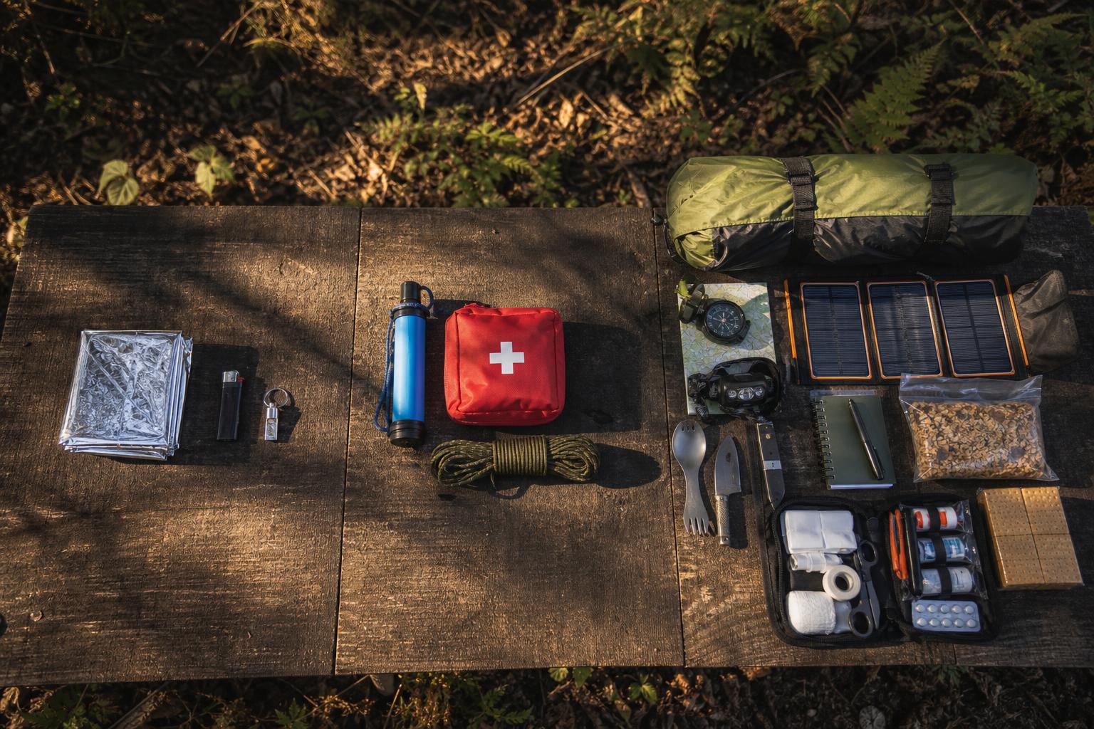 Comparatif trois niveaux de kit de survie basique intermédiaire complet en flatlay