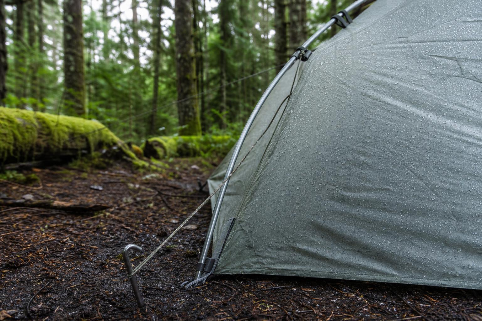 Détail ancrage et étanchéité tente trekking légère après la pluie en forêt