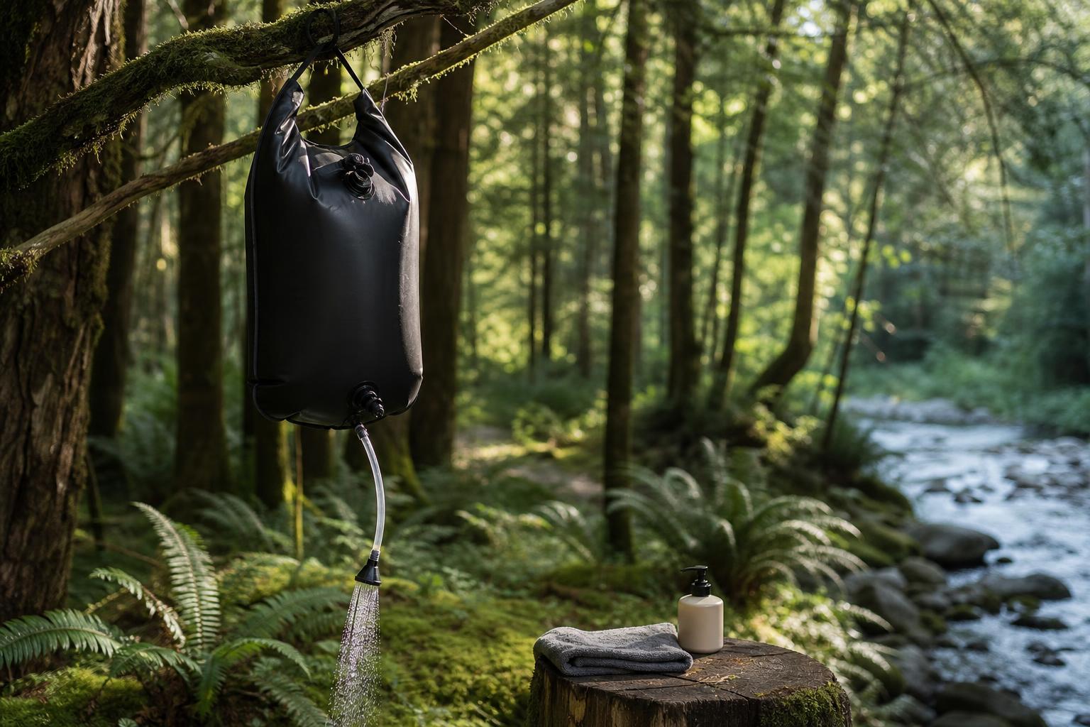 Douche solaire portable suspendue arbre forêt camping familial lumière tamisée