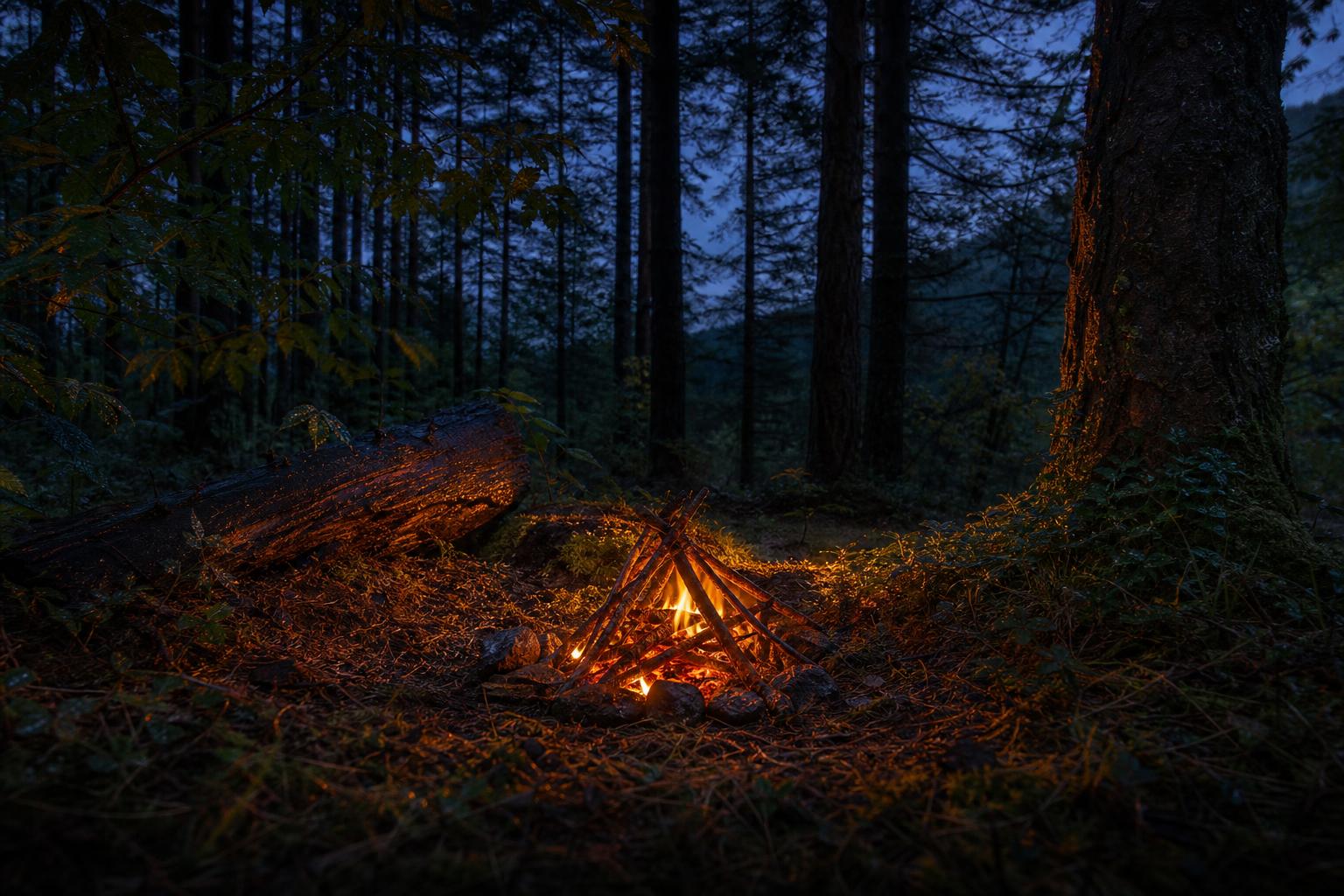 Feu de camp allumé au bivouac en forêt à la tombée de la nuit