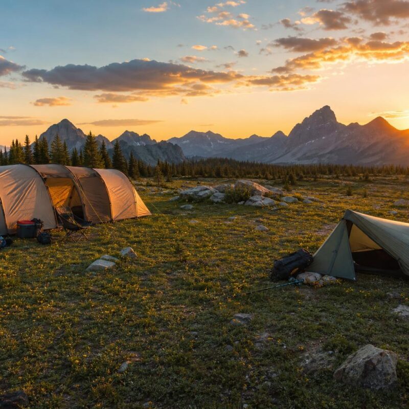 Campement diversifié en montagne tente famille et tente trekking coucher de soleil