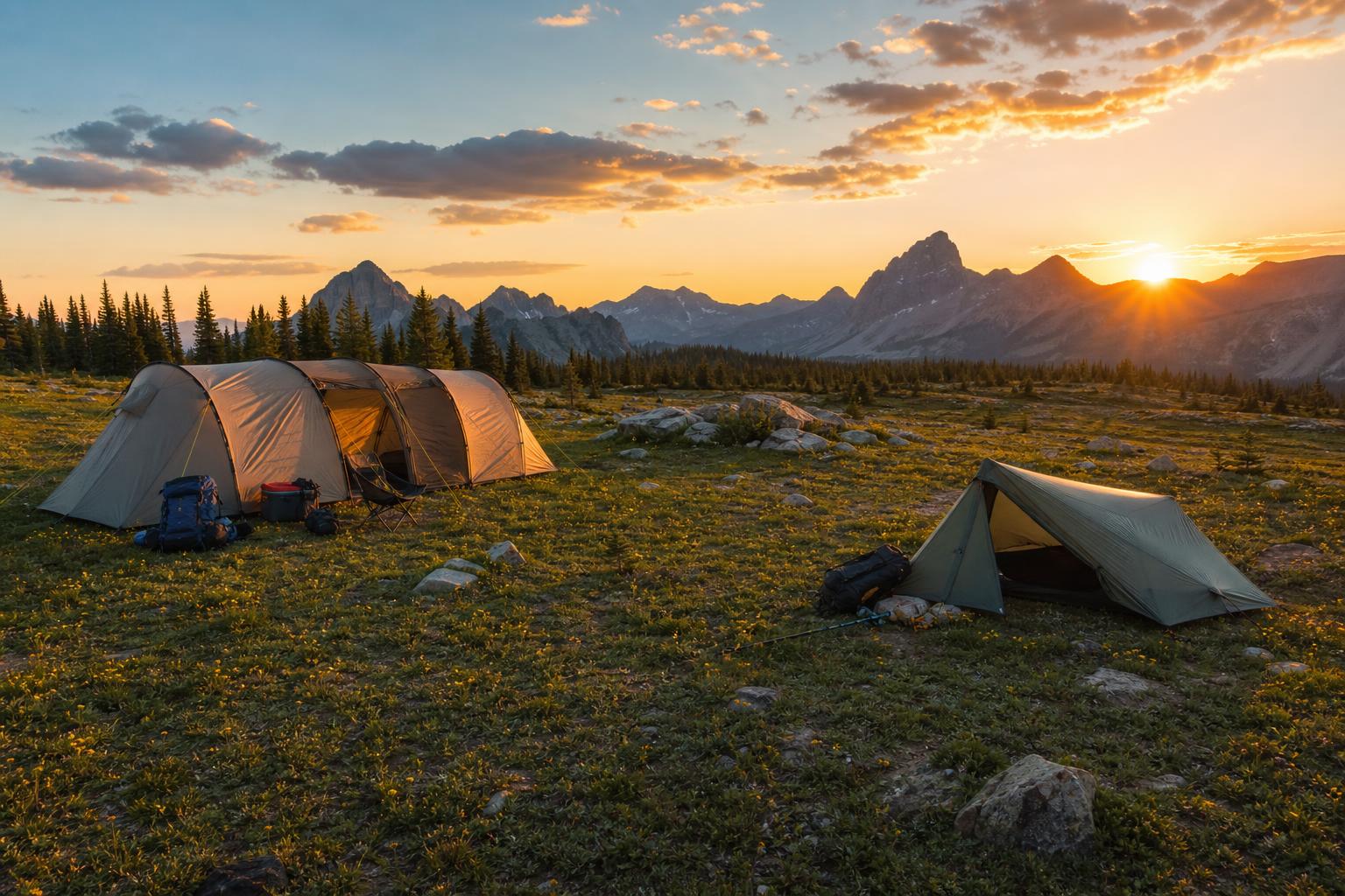 Campement diversifié en montagne tente famille et tente trekking coucher de soleil