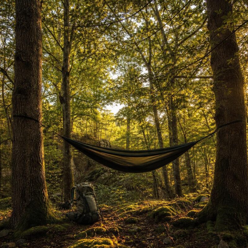 Hamac de randonnée tendu en forêt à la lumière dorée du soir