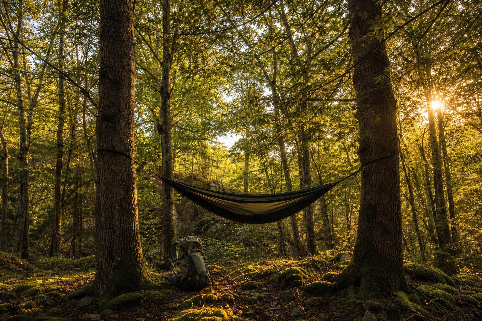 Hamac de randonnée tendu en forêt à la lumière dorée du soir