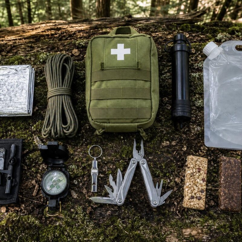 Kit de survie complet étalé en forêt avec tous les équipements essentiels