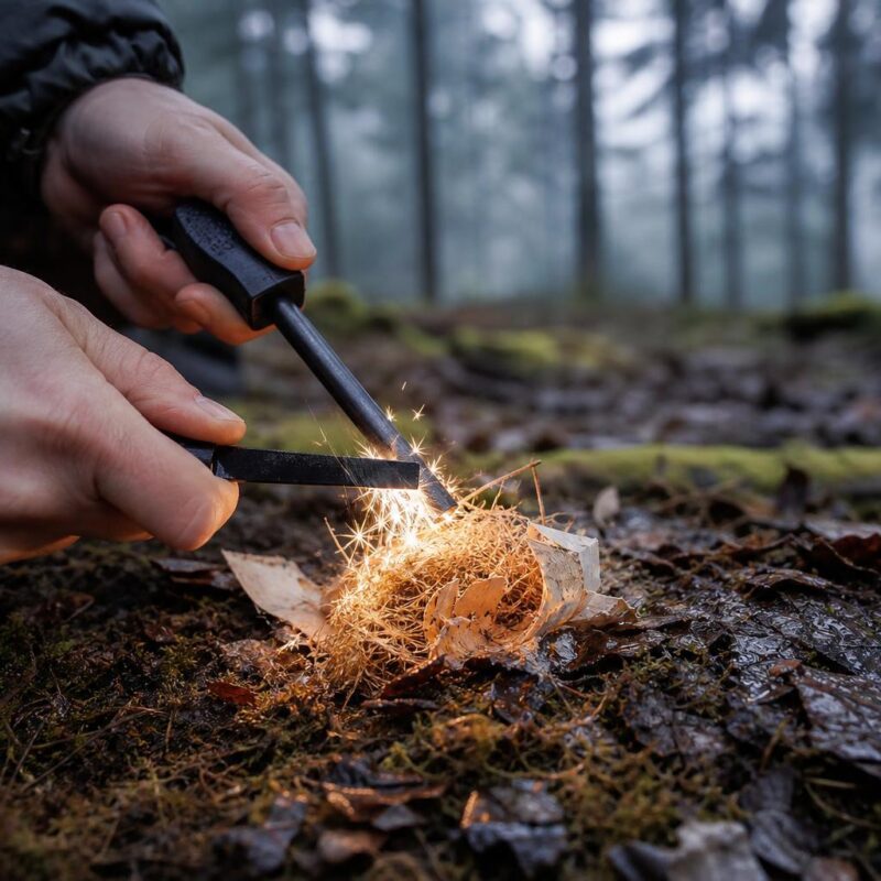 Pierre à feu produisant des étincelles sur un nid d'amadou en forêt