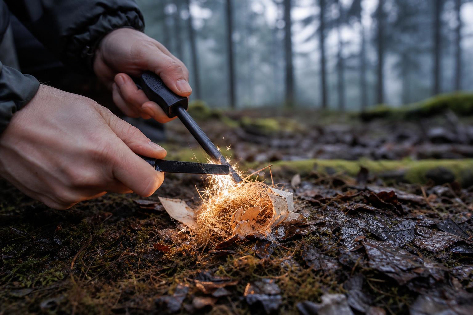 Pierre à feu produisant des étincelles sur un nid d'amadou en forêt