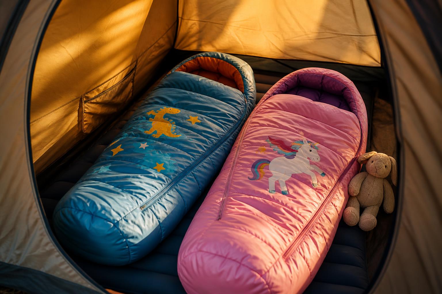 Sacs de couchage enfants colorés dépliés intérieur tente lumière matinale