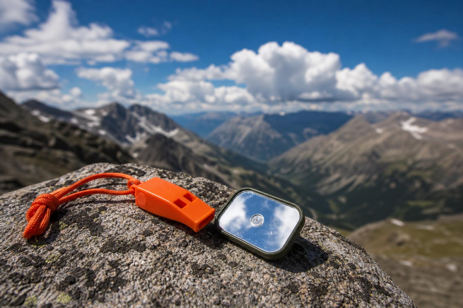 Sifflet de survie et miroir de signalisation posés sur rocher en altitude montagne