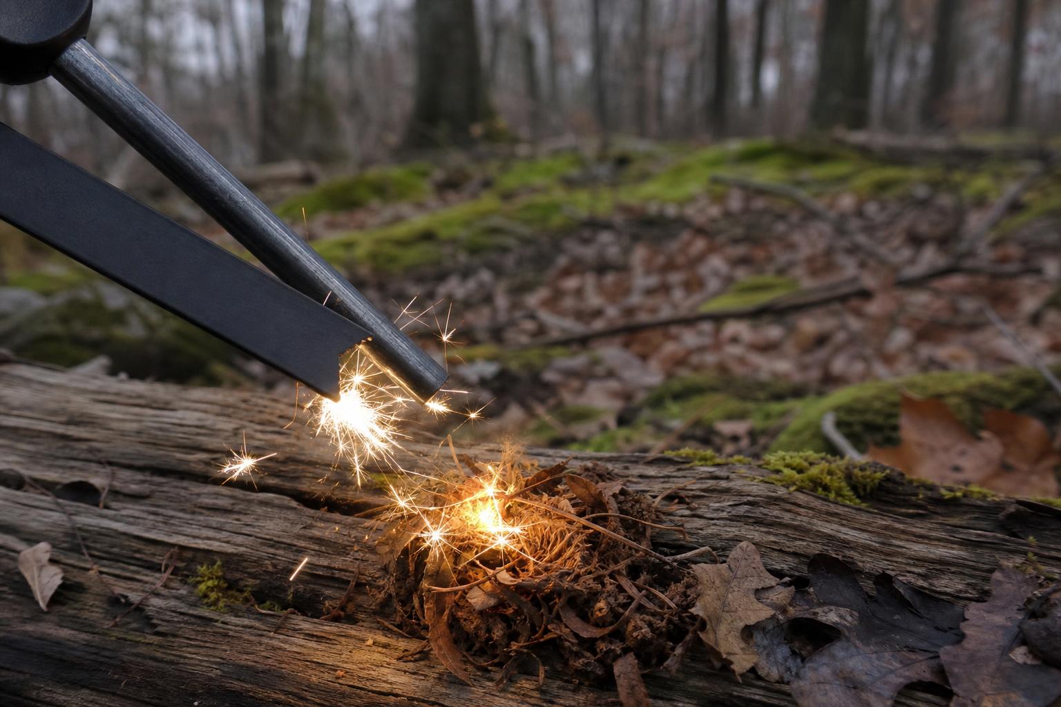Angle de grattage d'une pierre à feu à 45 degrés avec étincelles