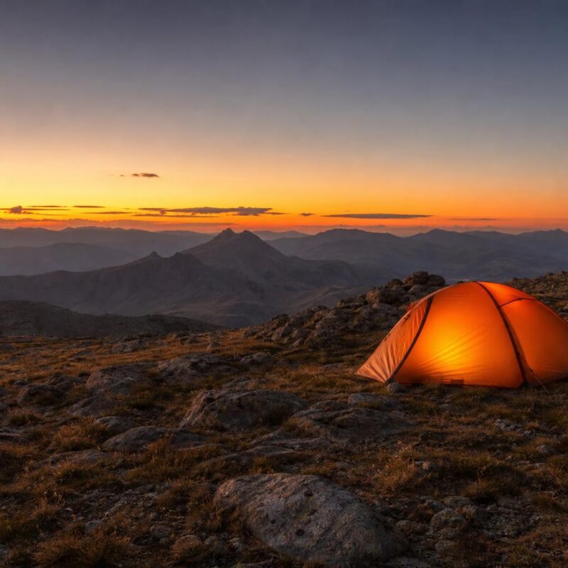 Tente de bivouac montée au coucher de soleil sur plateau montagneux isolé