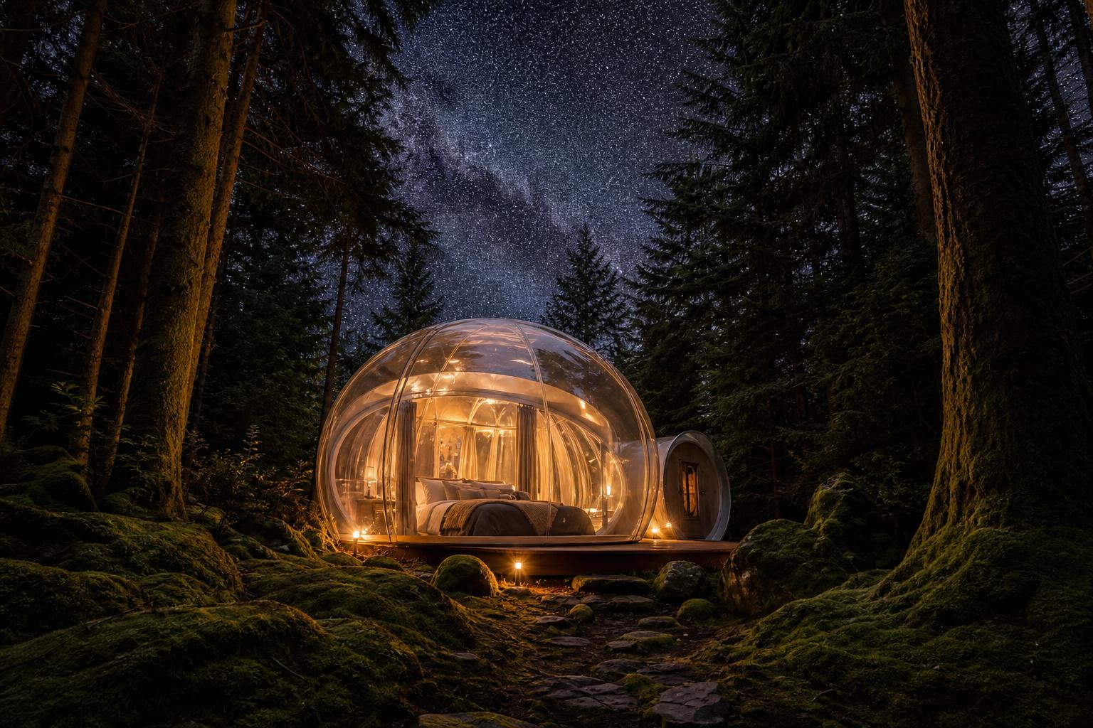 Tente bulle transparente forêt nuit étoilée hébergement insolite premium