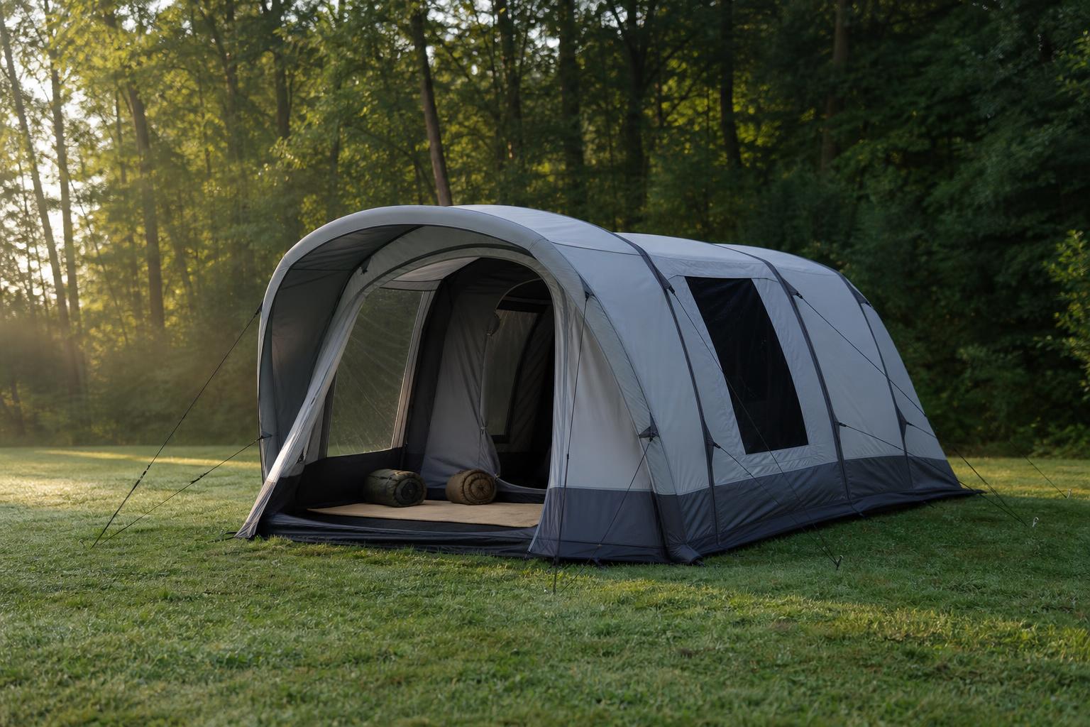 Tente gonflable familiale spacieuse montée en lisière de forêt le matin