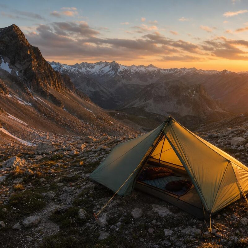 Tente de trekking légère montée en altitude au coucher de soleil alpin