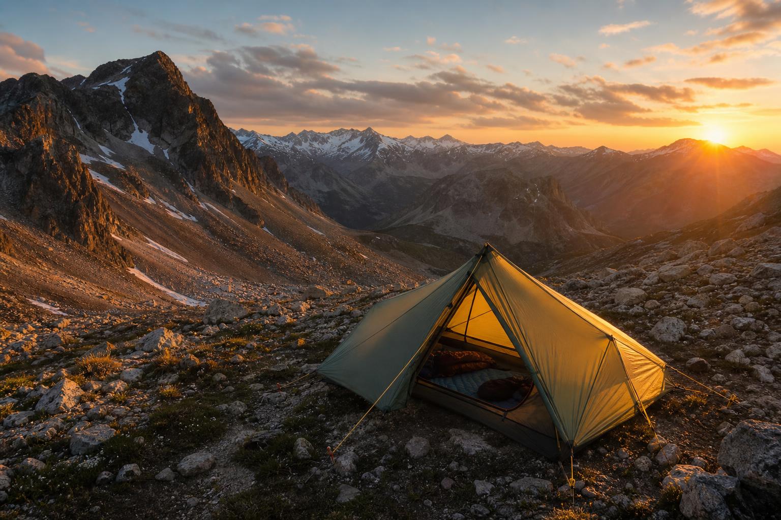 Tente de trekking légère montée en altitude au coucher de soleil alpin