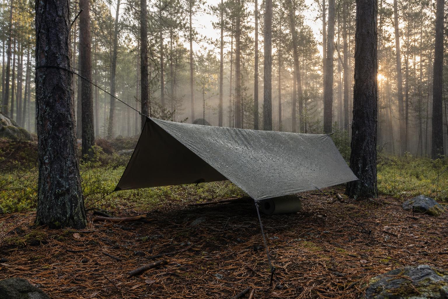 Abri tarp tendu avec paracorde entre deux pins en forêt lors d'un bivouac