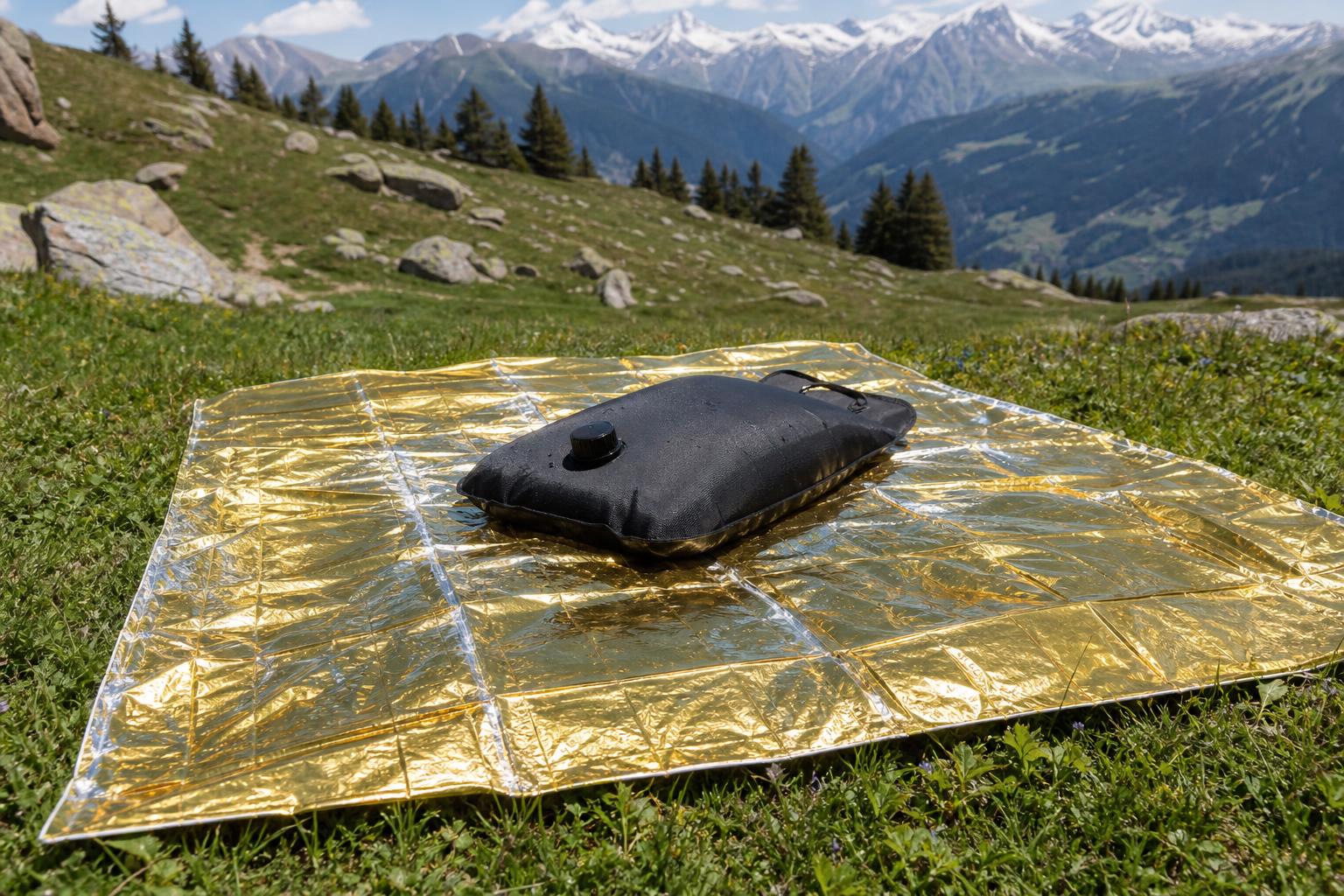 Douche solaire posée sur couverture de survie réfléchissante, astuce chauffe solaire