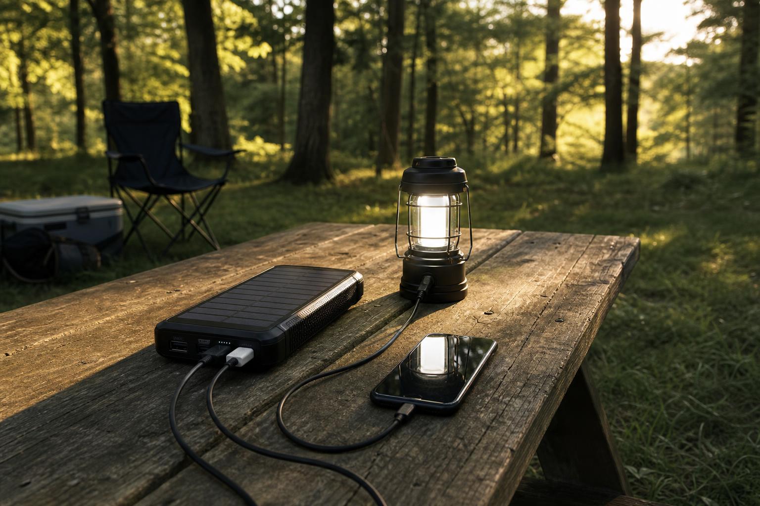 Batterie solaire portable sur table camping familial en forêt lumière dorée