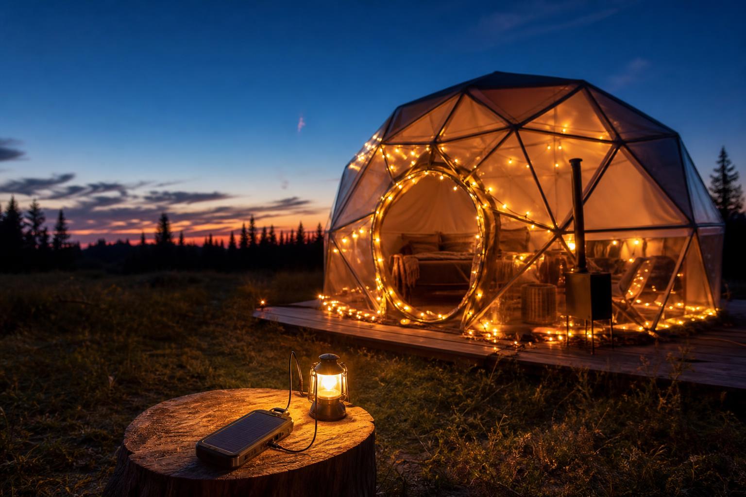 Batterie solaire portable dome geodesique glamping lumieres ambiance crepuscule