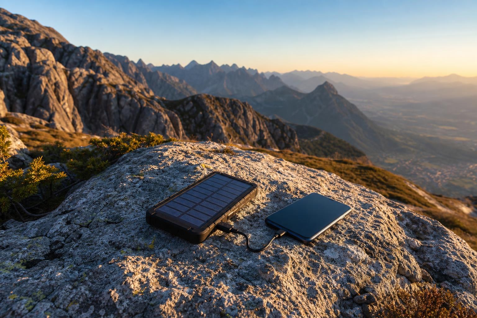 Batterie solaire portable sur rocher en montagne lors d'une randonnée trekking