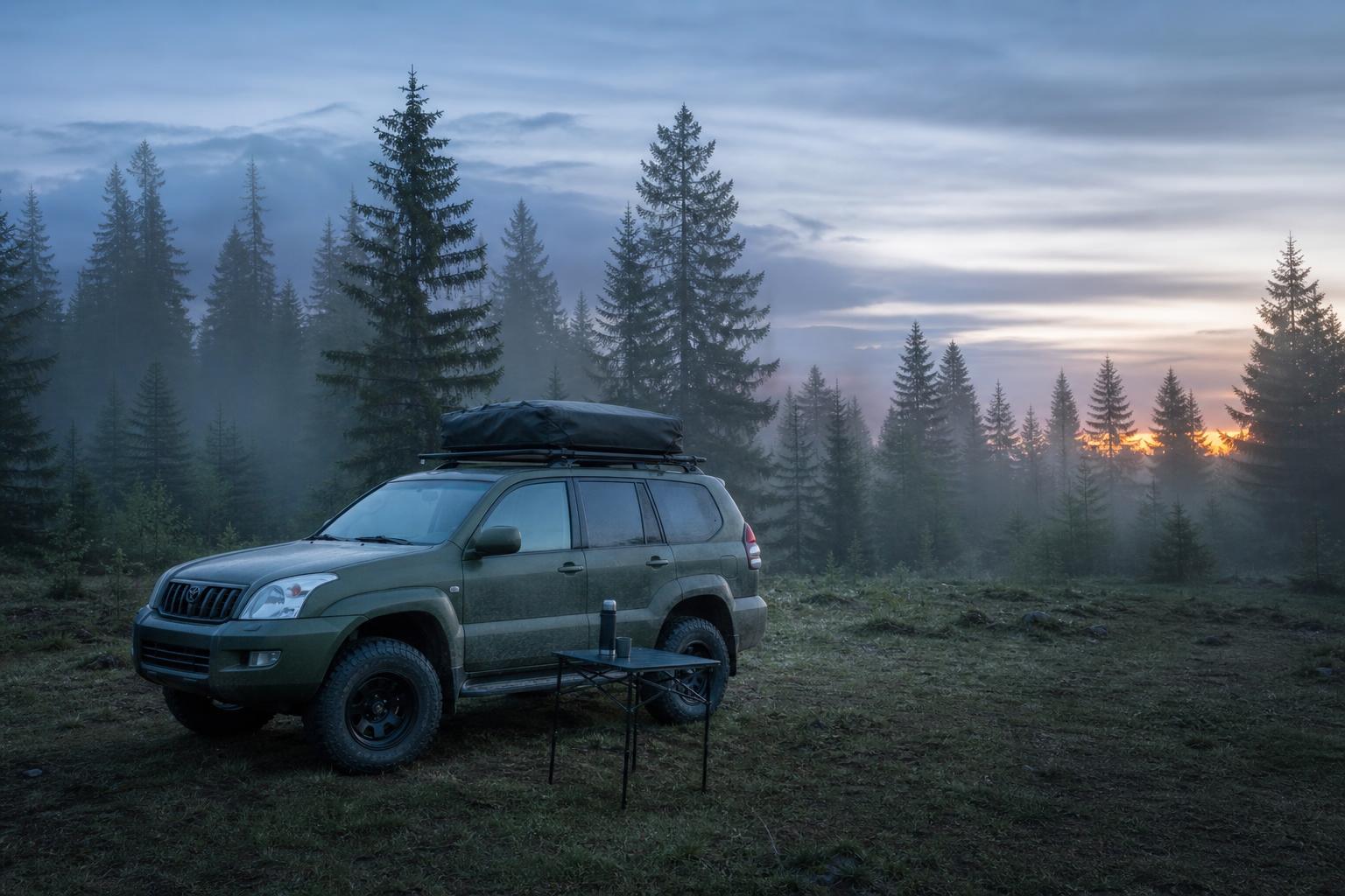 SUV avec tente de toit bivouac matinal en lisière de forêt brumeuse