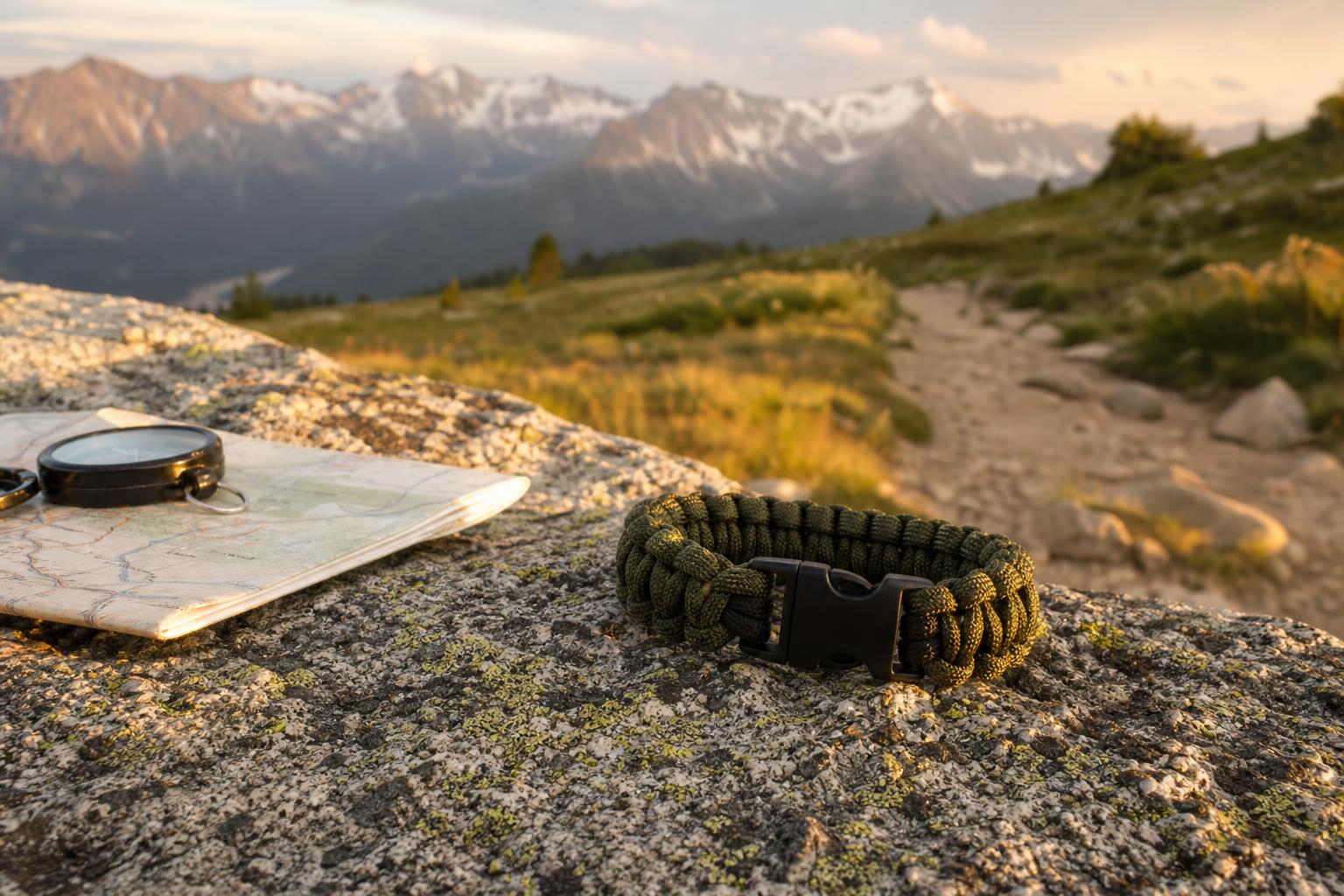 Bracelet paracorde survie tressé posé sur rocher en montagne avec panorama alpin
