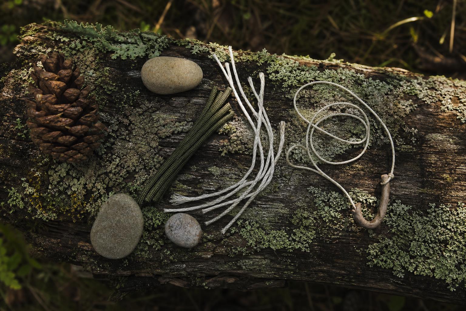 Flatlay bushcraft brins internes paracorde ligne de pêche de fortune sur bois en forêt