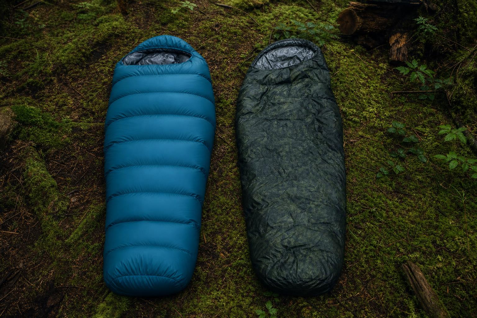 Comparaison sac couchage duvet gonflant versus synthétique en forêt