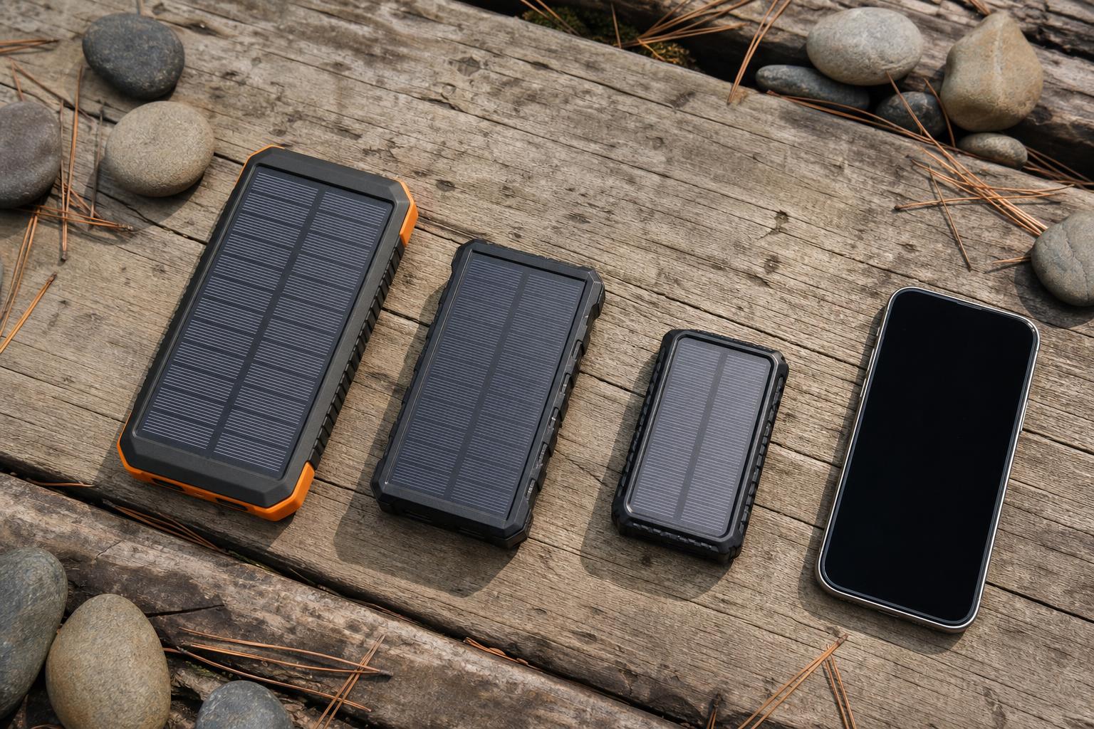 Comparatif taille trois batteries solaires portables sur bois naturel