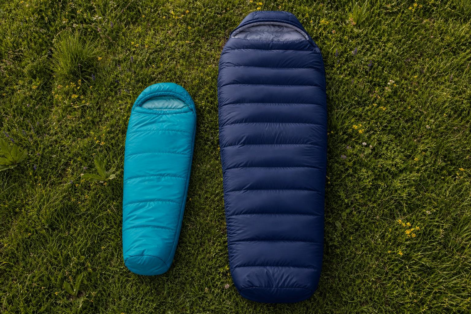 Comparatif taille sac de couchage enfant et adulte sur herbe