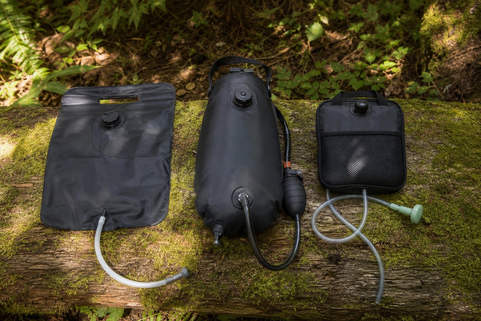 Trois types de douches solaires portables comparés sur bois en forêt