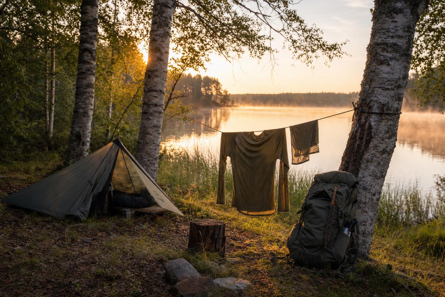 Corde à linge paracorde tendue entre bouleaux au bord d'un lac lors d'un camping