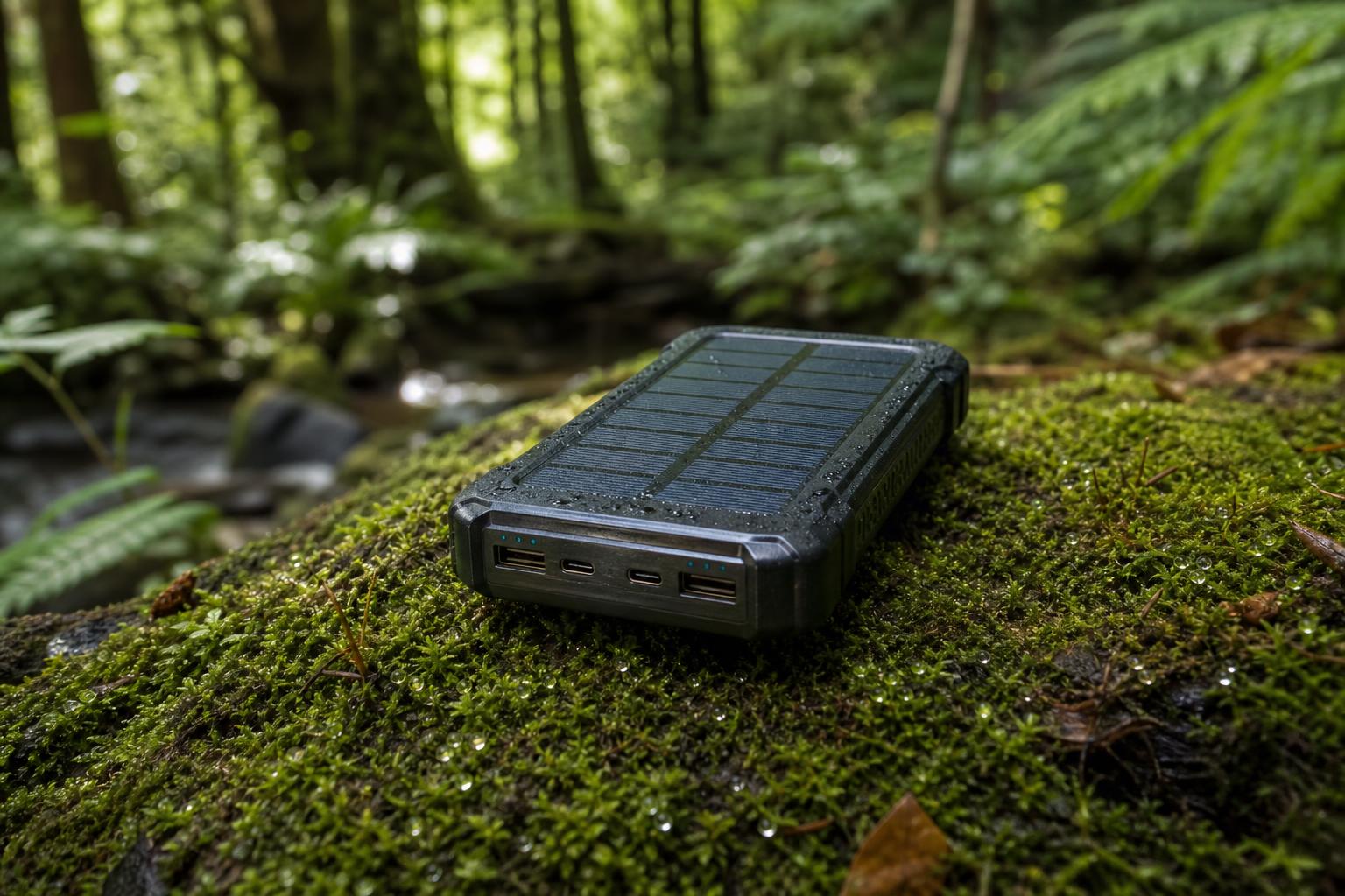 Ports USB batterie solaire portable sur mousse forêt résistance IP outdoor