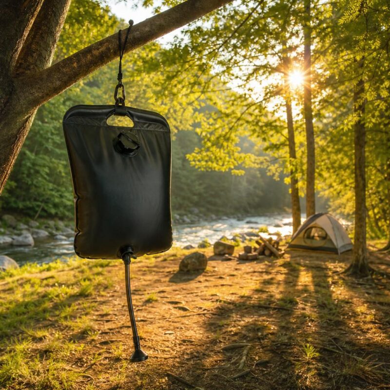 Douche solaire portable suspendue à un arbre en forêt, lumière estivale