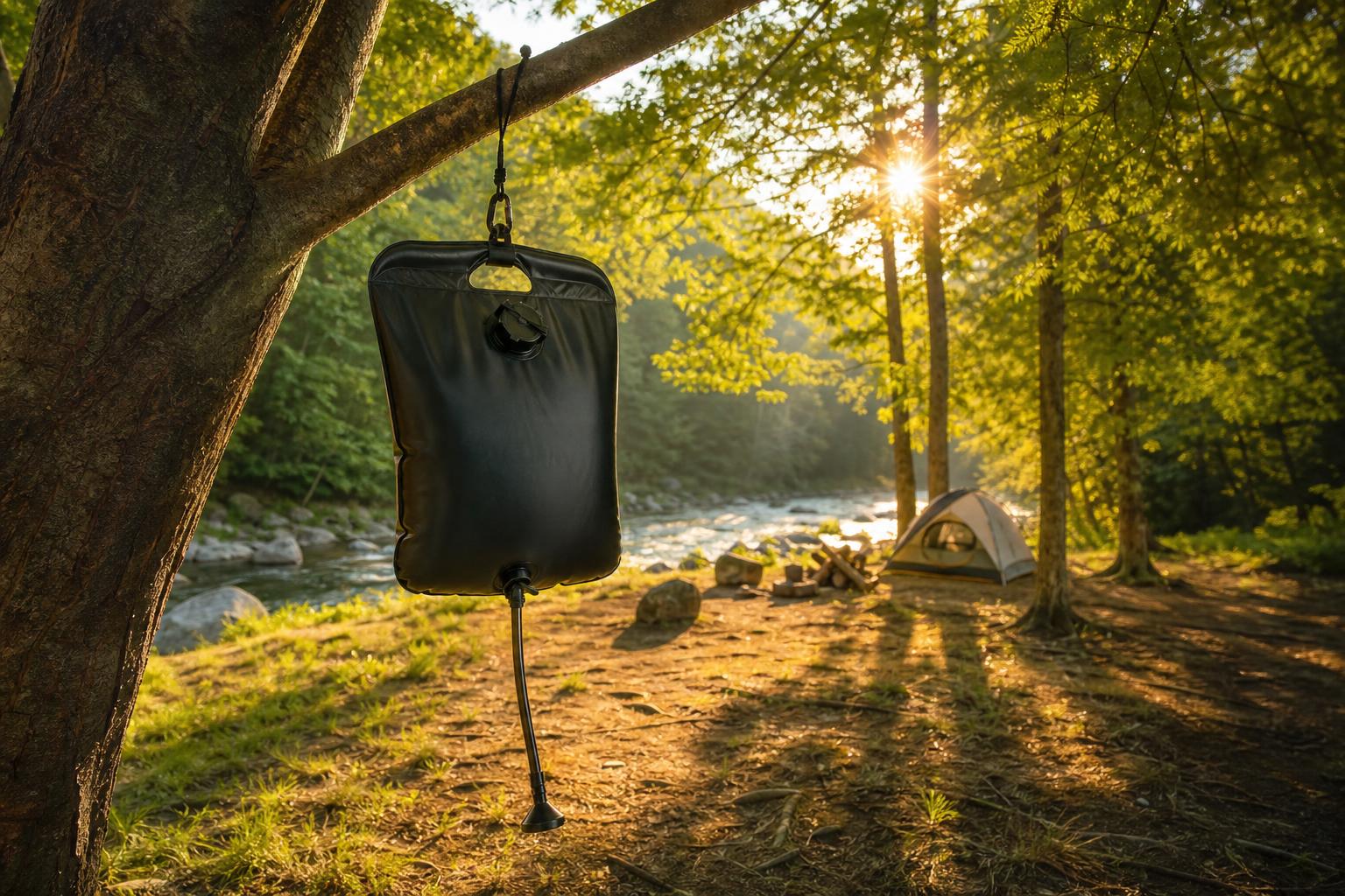 Douche solaire portable suspendue à un arbre en forêt, lumière estivale