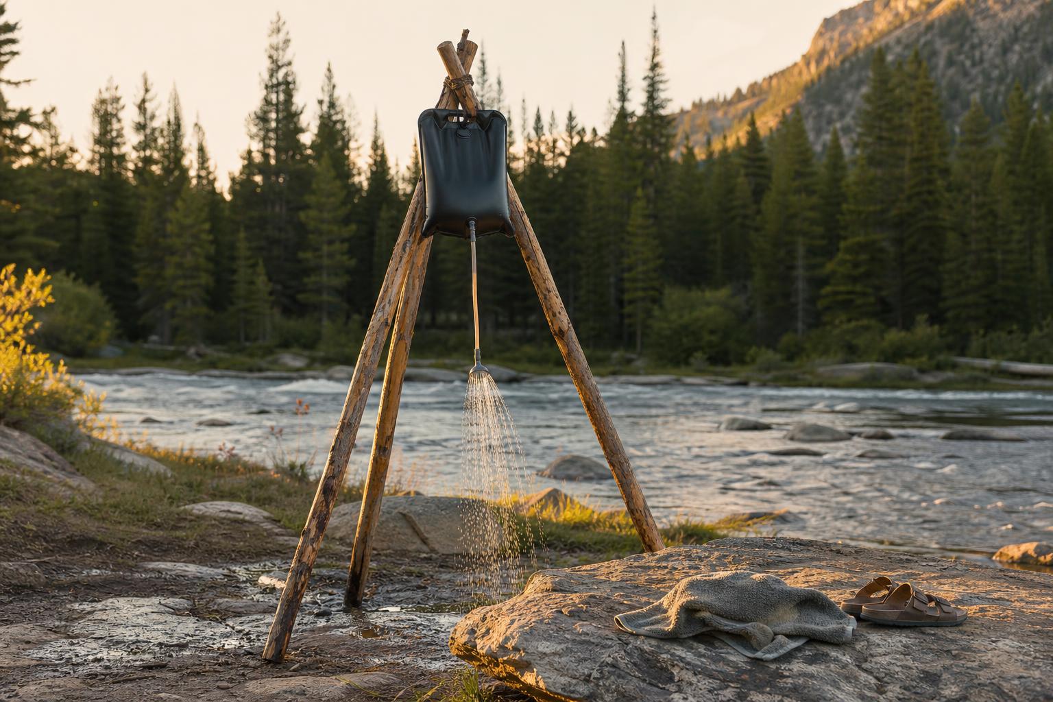 Douche solaire portable installée sur trépied en bivouac au bord rivière