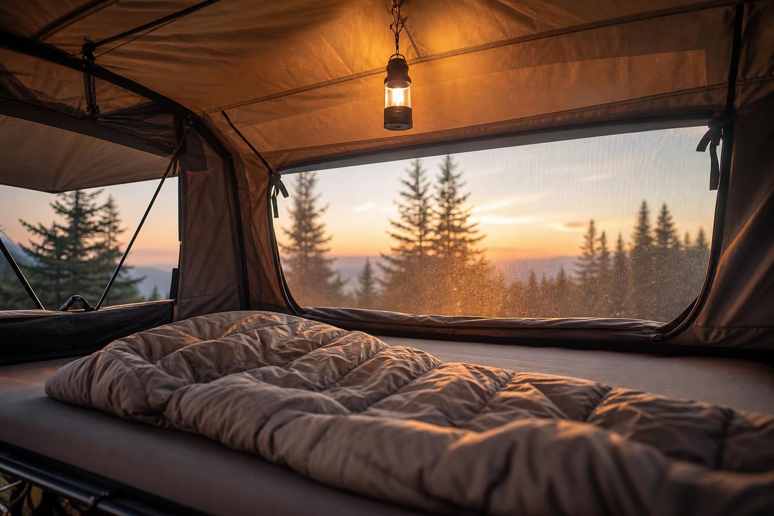 Intérieur tente de toit avec matelas et vue forêt lumière matinale