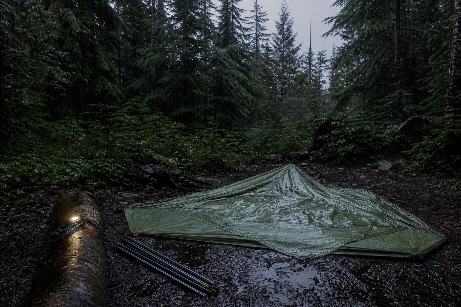 Montage tente sous la pluie en forêt avec lampe frontale