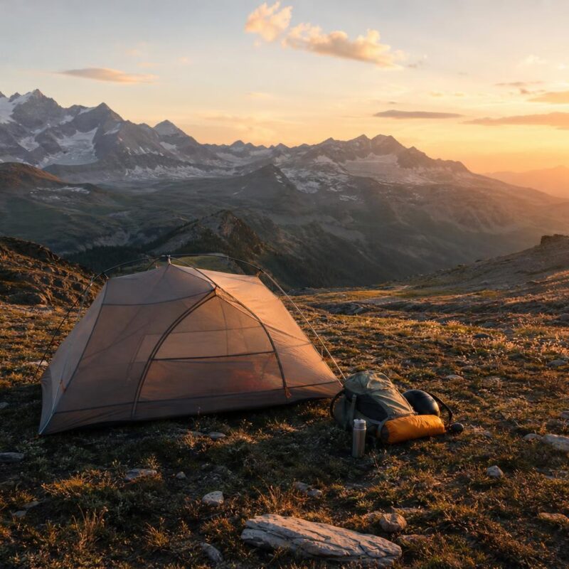 Tente de randonnée montée en montagne au coucher du soleil