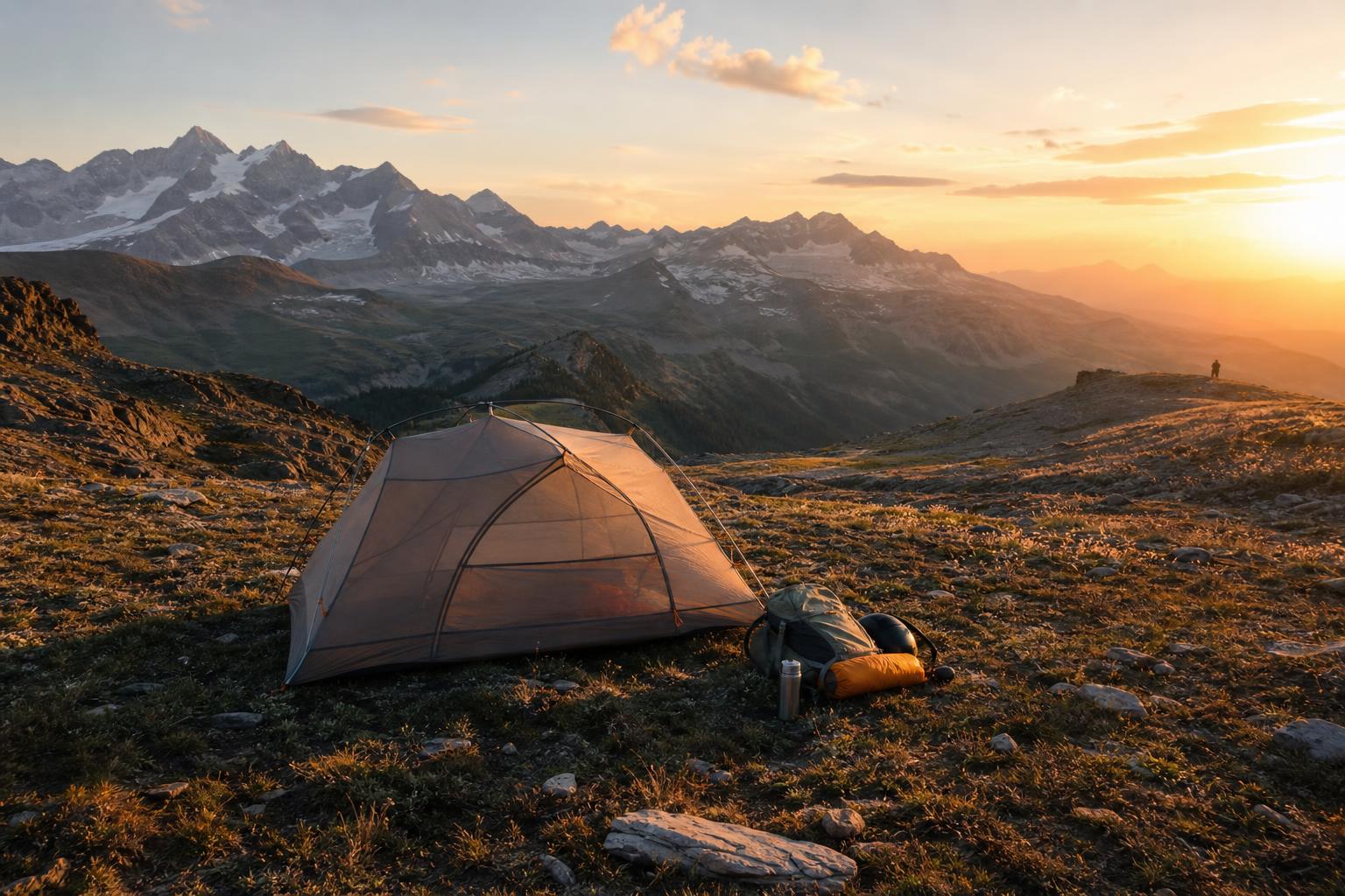 Tente de randonnée montée en montagne au coucher du soleil