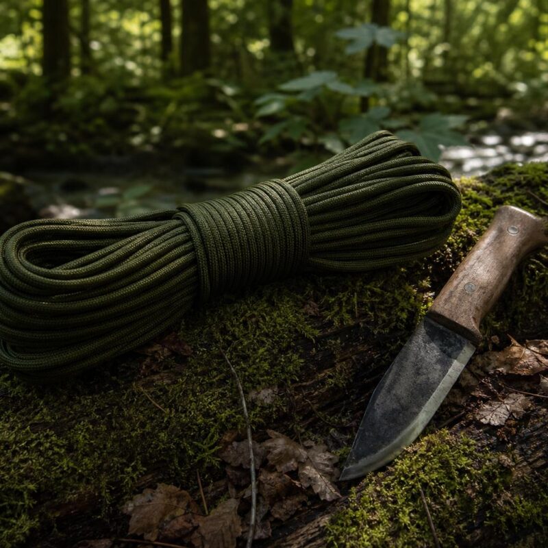 Rouleau de paracorde 550 militaire posé sur mousse en forêt avec couteau de camp