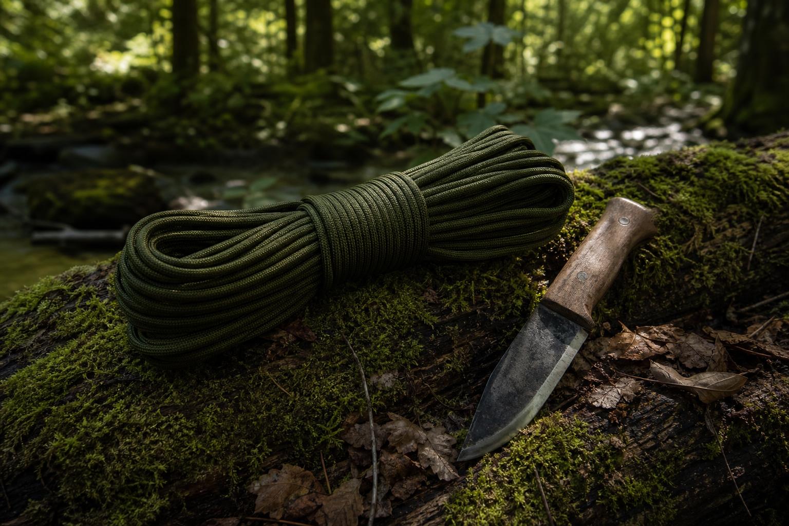 Rouleau de paracorde 550 militaire posé sur mousse en forêt avec couteau de camp