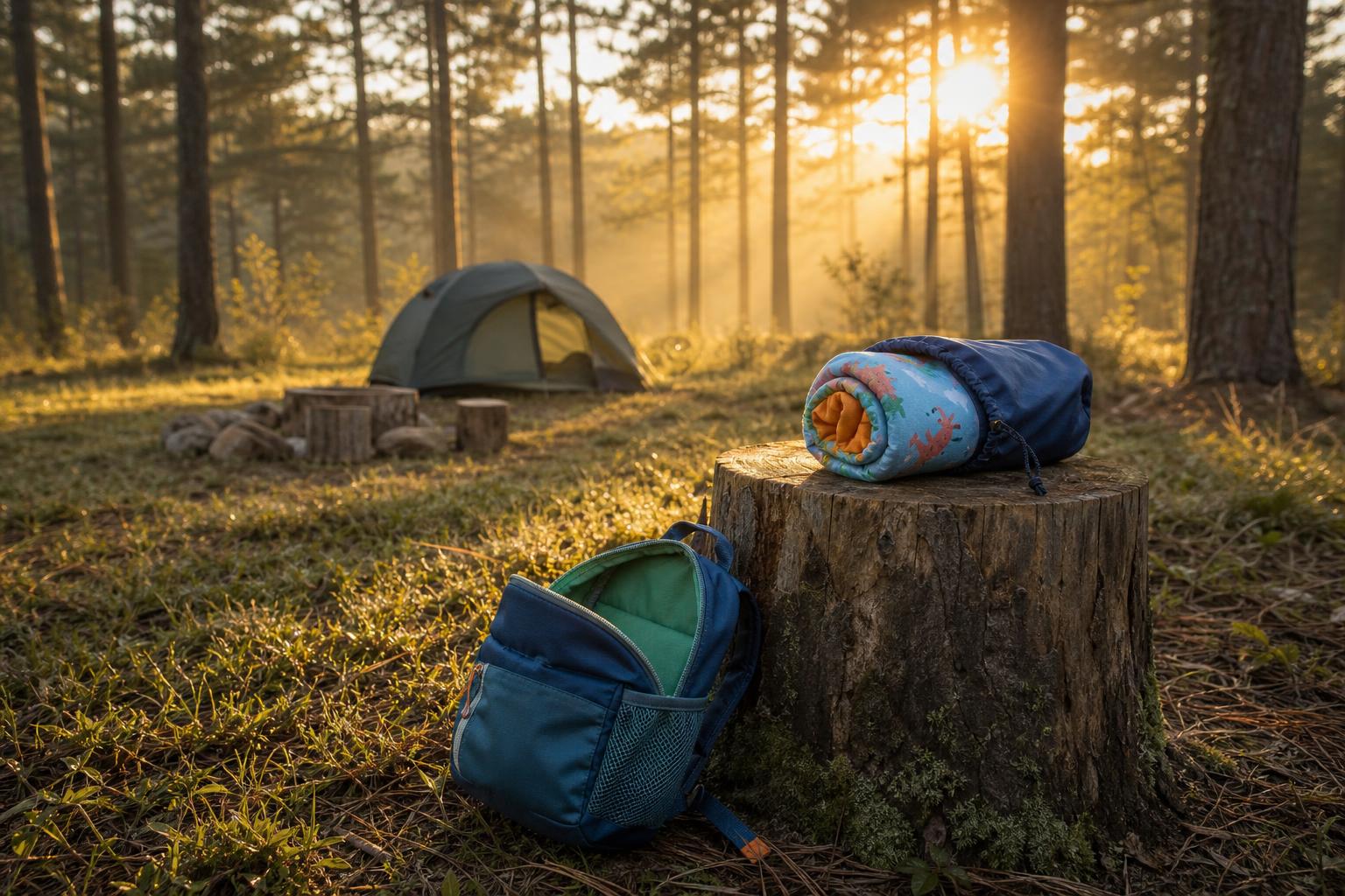 Sac de couchage enfant rangé en autonomie camping lisiere foret