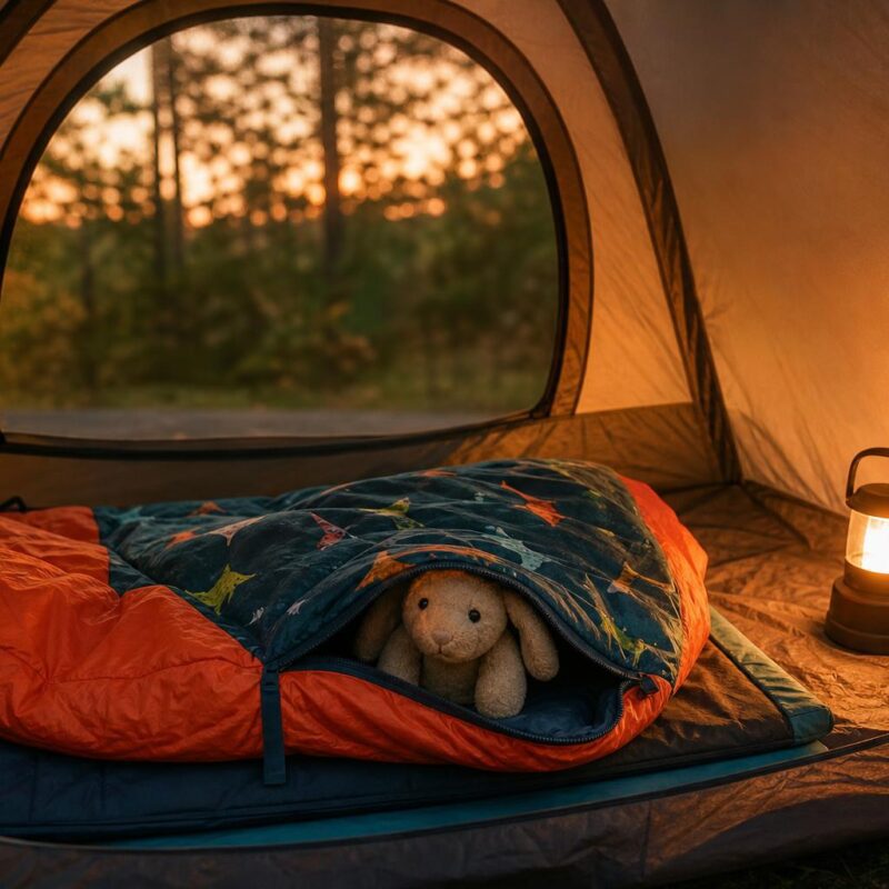 Sac de couchage enfant coloré dans une tente camping lumière chaude